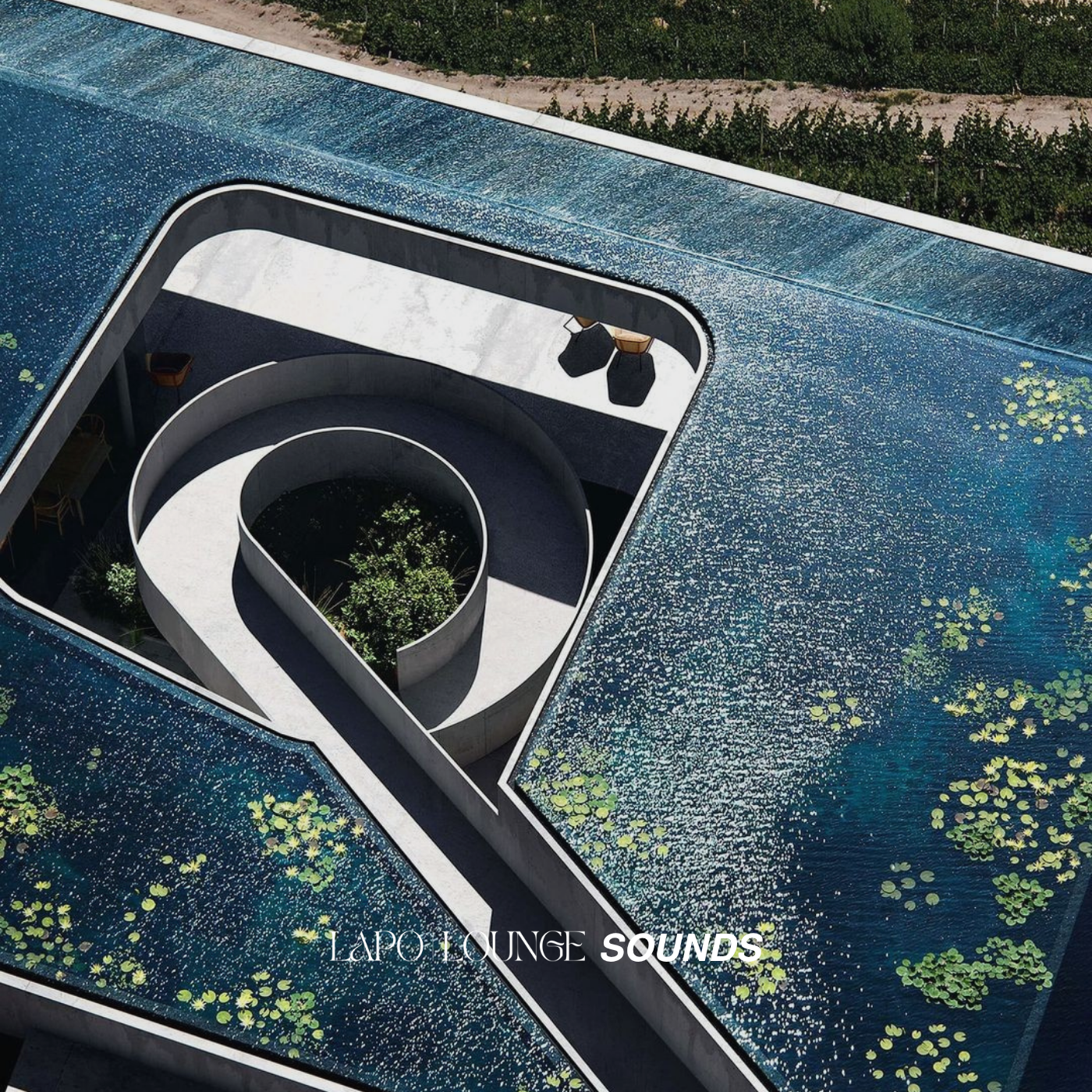 Modern outdoor pool with lounge chairs and trees, featuring 'Lapo Lounge Sounds' branding. Lapo Lounge June 2026 spotify playlist cover.