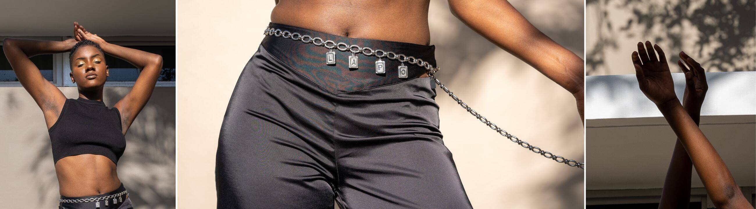 A collage of a model wearing chain belts with black silk pants and black top in Miami